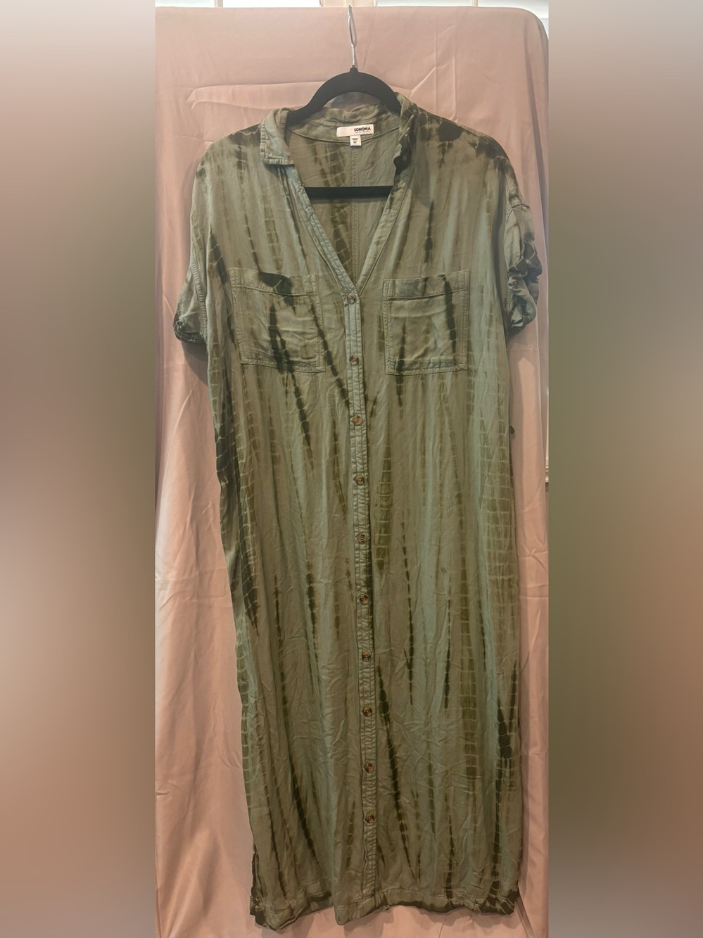 Sonoma Olive Green Tie-Dye Button Down Shirt Dress